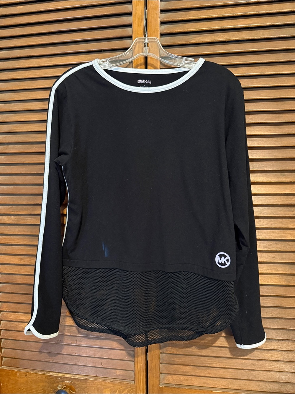 Michael Kors Black Long-Sleeve Top with White Trim and Mesh Hem